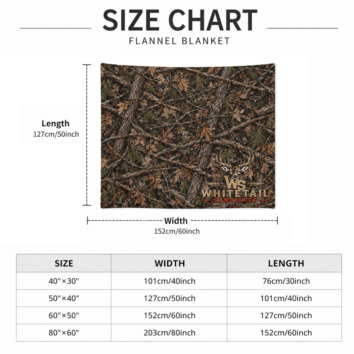 RUT CAMO WS Whitetail Flannel Throw Blanket