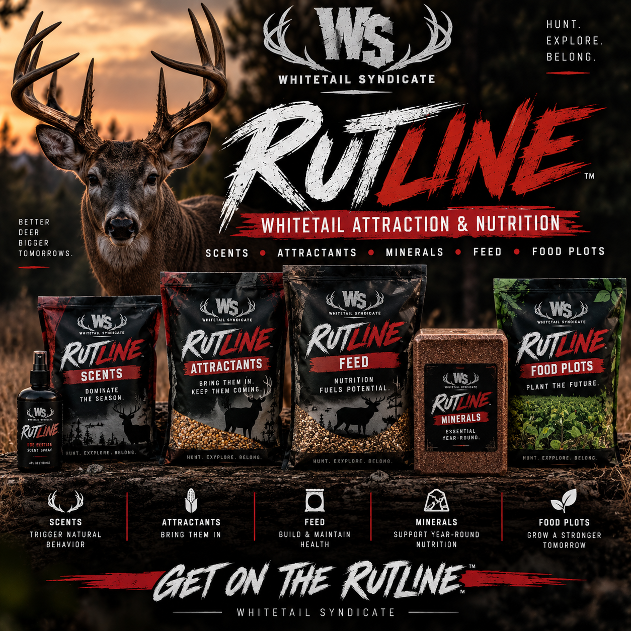 Full Rut Line campaign: Whitetail Syndicate branding, buck, scents, attractants, feed, minerals and food plots